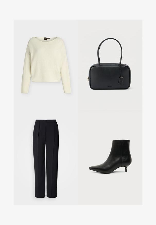 Pull à manches longues de couleur crème avec une coupe ample et un col rond, présenté sur un fond uni gris clair.; Pantalon droit noir sur mesure avec plis sur le devant, passants pour ceinture et fermeture éclair dissimulée sur un fond blanc.; Bottine en cuir noir avec bout pointu et petit talon kitten sur fond clair, vue côté extérieur.; Sac à main rectangulaire noir avec doubles poignées arrondies, fermeture éclair dorée et logo "HUGO" embossé sur le devant avec une étiquette en cuir attachée.
