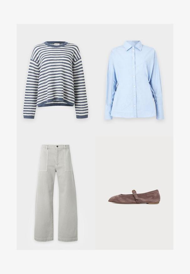 Pull en maille à rayures horizontales bleues et blanches, manches longues et coupe légèrement courte et décontractée.; Chemise bleu clair à manches longues en tissu doux. Elle comporte une patte de boutonnage, un col, et des liens ajustables sur les côtés pour un meilleur ajustement.; Pantalon gris clair à jambes larges avec poches plaquées devant, passants pour ceinture et fermeture par bouton à la taille, présenté à plat sur fond blanc.; Chaussure plate Mary Jane en daim marron avec un bout pointu et une petite bride à boucle dorée sur fond blanc.