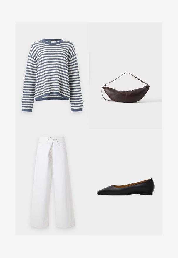 Pull en maille à rayures horizontales bleues et blanches, manches longues et coupe légèrement courte et décontractée.; Jean en denim blanc à jambes larges avec poches avant, passants pour ceinture et fermeture par bouton, présenté sur un fond clair uni.; Chaussure plate en cuir noir à bout pointu avec talon bas et finition lisse, vue de côté sur un fond gris clair.; Sac d'épaule en cuir marron foncé en forme de croissant avec une lanière courbée et des coutures visibles sur fond uni.
