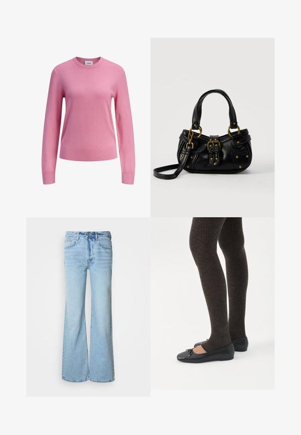 Jersey rosa de manga larga con cuello redondo, puños y dobladillo acanalados, textura de punto liso, y una pequeña etiqueta blanca en el interior del cuello con la marca JJXX.; Vaqueros azul claro con diseño de pierna acampanada, fabricados en mezclilla, con cierre frontal de botones, cinco bolsillos y un sutil efecto desgastado.; Piernas con leggings oscuros acanalados combinados con bailarinas negras que presentan pequeños detalles de lazo sobre un fondo blanco.; Bolso de cuero negro con hebilla y detalles de remaches dorados, asas cortas y una correa de hombro ajustable sobre un fondo blanco liso.
