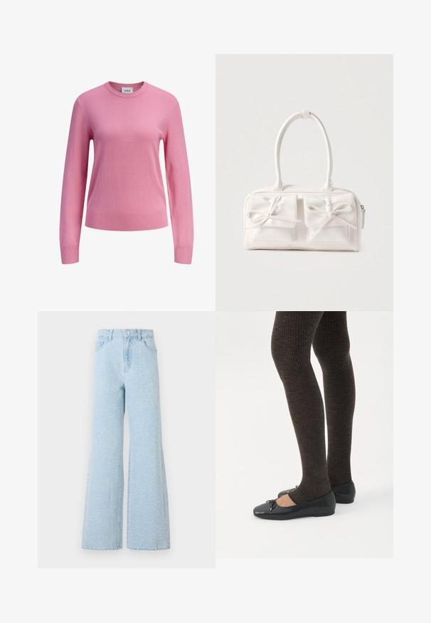 Jersey rosa de manga larga con cuello redondo, puños y dobladillo acanalados, textura de punto liso, y una pequeña etiqueta blanca en el interior del cuello con la marca JJXX.; Pantalones vaqueros de mezclilla anchos de color azul claro con una cintura alta, que cuentan con un cierre de botón, cinco bolsillos y una sutil textura desgastada.; Piernas con leggings oscuros acanalados combinados con bailarinas negras que presentan pequeños detalles de lazo sobre un fondo blanco.; Bolso sintético blanco con dos bolsillos delanteros, cada uno con un detalle de lazo atado. Textura suave, asas redondeadas y cierre de cremallera.