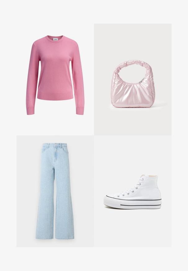 Jersey rosa de manga larga con cuello redondo, puños y dobladillo acanalados, textura de punto liso, y una pequeña etiqueta blanca en el interior del cuello con la marca JJXX.; Pantalones vaqueros de mezclilla anchos de color azul claro con una cintura alta, que cuentan con un cierre de botón, cinco bolsillos y una sutil textura desgastada.; Zapatillas altas blancas de material de lienzo, con suela de goma negra y una franja negra en el mediopie. Punta circular y diseño de cordones.; Bolso de mano acolchado en color rosa con un diseño redondeado, fabricado en material brillante. Presenta un asa fruncida y un cierre de cremallera para un acceso seguro.