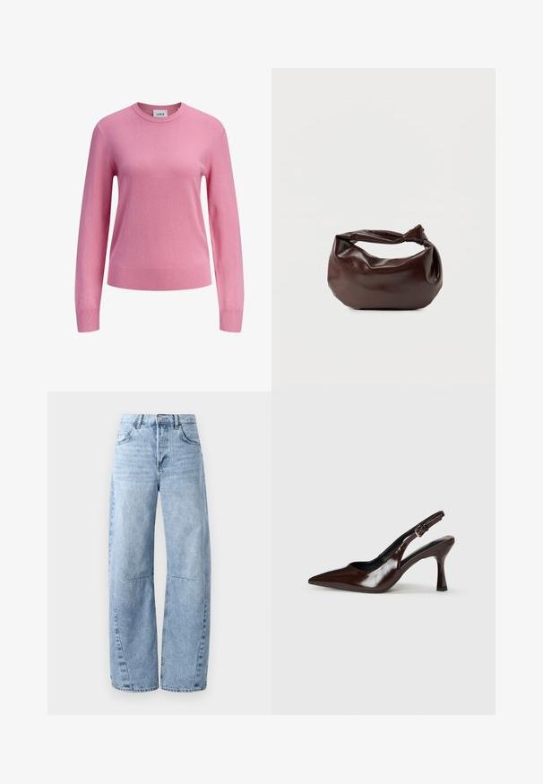 Jersey rosa de manga larga con cuello redondo, puños y dobladillo acanalados, textura de punto liso, y una pequeña etiqueta blanca en el interior del cuello con la marca JJXX.; Vaqueros de mezclilla de pierna ancha en tono azul claro, con cintura alta, cinco bolsillos y un ligero desgastado. Las piernas presentan costuras y costuras visibles.; Zapatos de tacón slingback de charol marrón con punta afilada, tacón delgado y correa ajustable con una pequeña hebilla.; Bolso de hombro de cuero marrón oscuro con una forma suave y caída, y un asa con nudo torcido sobre un fondo blanco liso.