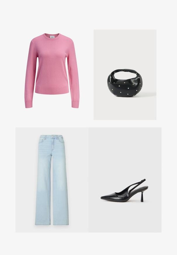 Rosa Pullover mit langen Ärmeln und Rundhalsausschnitt, gerippte Bündchen und Saum, einfarbige Strickstruktur und ein kleines weißes Etikett innen am Halsausschnitt mit der Aufschrift JJXX.; Hellblaue, weit geschnittene Jeans aus Denim mit klassischem Fünf-Taschen-Design und einem Knopfverschluss vorne. Mit leichter Ausbleichung an der Vorderseite.; Schwarzer Leder Slingback High Heel Schuh mit spitzer Zehenpartie und schmalem Absatz auf einem weißen Hintergrund.; Schwarze Lederhandtasche mit abgerundeter Form, verziert mit silbernen Nietenakzenten und kurzem Griff. Glatte Struktur und Reißverschlussverschluss.
