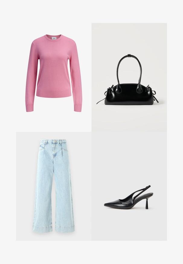 Jersey rosa de manga larga con cuello redondo, puños y dobladillo acanalados, textura de punto liso, y una pequeña etiqueta blanca en el interior del cuello con la marca JJXX.; Jeans de mezclilla de pernera ancha en azul claro, con una cintura alta, bolsillos frontales y detalles cosidos en el dobladillo.; Zapato de tacón alto negro de cuero con puntera afilada y tacón delgado sobre un fondo blanco.; Pequeño bolso negro brillante con dos asas largas y detalles de cordón lateral sobre un fondo claro liso.