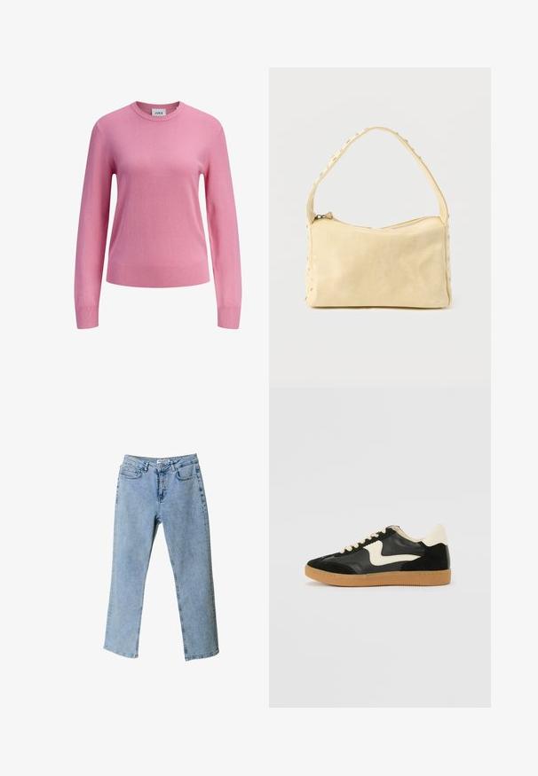 Jersey rosa de manga larga con cuello redondo, puños y dobladillo acanalados, textura de punto liso, y una pequeña etiqueta blanca en el interior del cuello con la marca JJXX.; Vaqueros de mezclilla azul claro con un diseño de pierna recta, estilo de cinco bolsillos y una etiqueta en la cinturilla. Presentan áreas deslavadas para añadir textura.; Zapatillas de deporte de ante y cuero negro con un swoosh lateral en crema y un talón en crema claro. Presenta cordones beige y una suela de goma marrón.; Pequeño bolso de cuero beige con una sola correa y tachuelas plateadas a lo largo de los bordes y la correa, sobre un fondo liso.