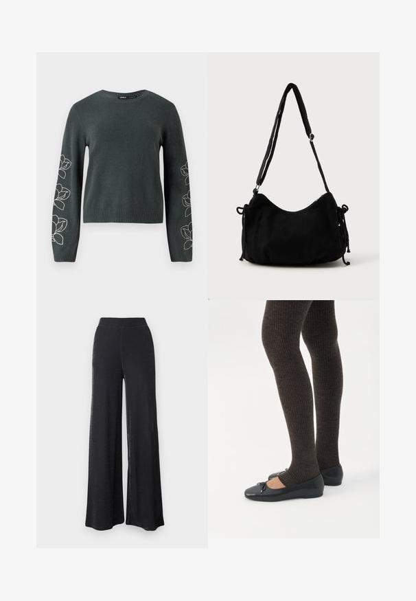 Pull en tricot vert foncé à manches longues, présentant des motifs de fleurs blanches brodés le long des manches et un col et un ourlet côtelés.; Pantalons larges noirs en matériau doux et extensible avec un subtil éclat, dotés d'une taille élastique et d'une coupe décontractée.; Jambes portant des leggings côtelés foncés associés à des ballerines noires avec de petits détails en nœud sur fond blanc.; Sac à épaule en velours côtelé noir avec une forme courbée, bandoulière réglable et fermetures à cordon des deux côtés pour un ajustement de taille.
