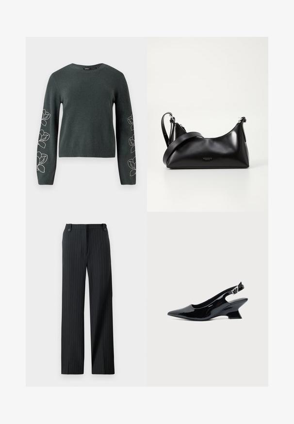 Pull en tricot vert foncé à manches longues, présentant des motifs de fleurs blanches brodés le long des manches et un col et un ourlet côtelés.; Pantalons à rayures noires avec une coupe droite, dotés de deux boutons à la taille et d'une texture lisse et structurée.; Chaussure slingback en cuir verni noir avec bout pointu et petit talon bloc incliné sur fond clair uni.; Sac à main en cuir noir avec une texture lisse. Dispose d'une bandoulière adjustable et d'un design élégant et minimaliste avec une fermeture éclair.