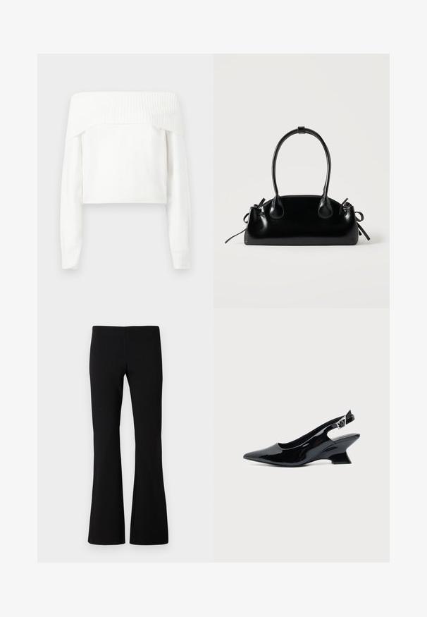 Pull blanc à épaules dénudées en maille douce, avec des manches longues et des accents côtelés le long de l'encolure et des poignets.; Pantalon noir évasé en tissu extensible. Texture lisse avec une taille ajustée et des jambes évasées. Aucun motif ou ornement visible.; Chaussure slingback en cuir verni noir avec bout pointu et petit talon bloc incliné sur fond clair uni.; Petit sac à main noir brillant avec deux longues anses et des détails à cordon sur les côtés sur un fond clair uni.