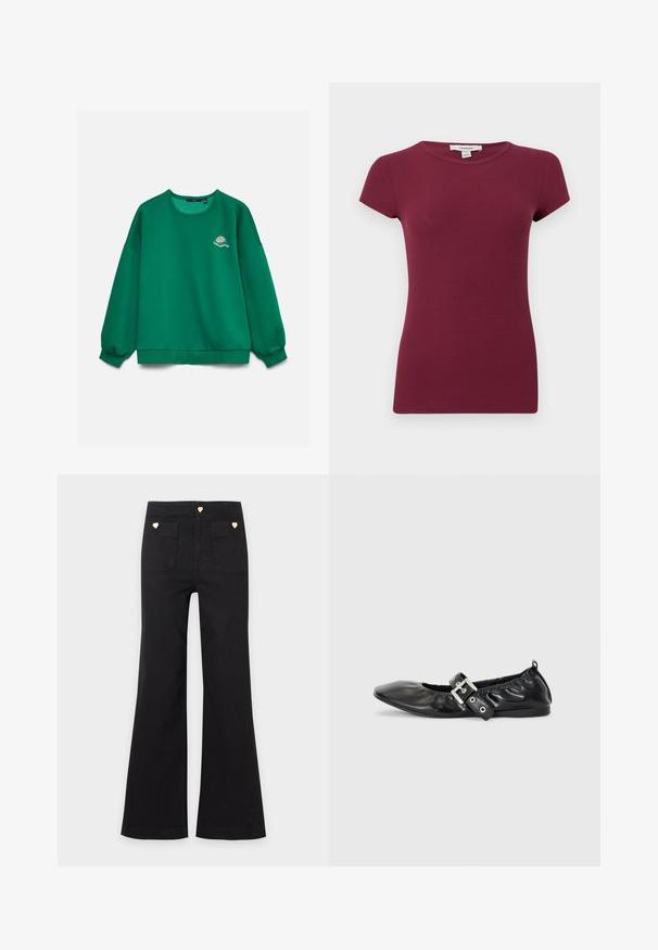 Sweat-shirt vert à manches longues avec un petit motif brodé de raquette et balle de tennis sur la poitrine gauche, présenté sur un fond uni.; Haut violet côtelé à manches courtes avec encolure ronde, silhouette ajustée et texture unie, présenté sur un fond uni.; Pantalon noir taille haute à jambes larges avec deux poches plaquées à l'avant et de petits boutons dorés en forme de cœur sur les poches et la ceinture.; Chaussure plate en cuir noir avec un nez pointu, des détails froncés autour de l'ouverture et un accent en boucle argentée sur la bride ajustable.