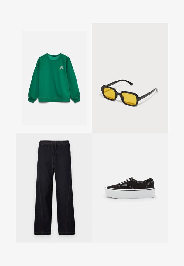 Sweat-shirt vert à manches longues avec un petit motif brodé de raquette et balle de tennis sur la poitrine gauche, présenté sur un fond uni.; Pantalon en denim foncé à jambes larges, doté d'une taille élastique avec cordon de serrage, de coutures orange contrastantes et de lignes droites et épurées.; Baskets en toile noires avec une semelle en caoutchouc blanc, dotées de lacets et de coutures blanches, marquage emblématique sur le côté, design basse.; Lunettes de soleil rectangulaires noires avec des verres jaunes. Les caractéristiques incluent des montures épaisses et un design anguleux avec une finition lisse et brillante.
