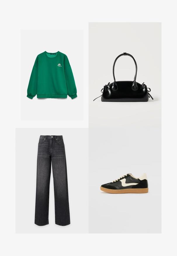 Sweat-shirt vert à manches longues avec un petit motif brodé de raquette et balle de tennis sur la poitrine gauche, présenté sur un fond uni.; Jean en denim noir taille haute à jambes droites avec poches avant, passants de ceinture, bouton et fermeture éclair sur fond blanc.; Baskets en daim et cuir noir avec un swoosh latéral crème et un talon crème clair. Dotées de lacets beige et d'une semelle en caoutchouc gomme.; Petit sac à main noir brillant avec deux longues anses et des détails à cordon sur les côtés sur un fond clair uni.
