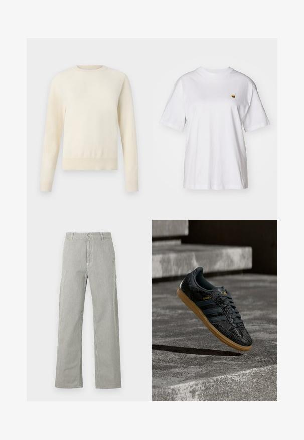 Lys cremefarvet sweater med lange ærmer, rund halsudskæring og ribbenet kant. Lavet af et blødt materiale med en glat tekstur.; Hvid bomulds-t-shirt med en afslappet pasform, korte ærmer og et lille broderet logo på venstre brystområde.; Herrebukser med lige ben, tynde lodrette sorte og hvide striber, knaplukning, bæltestropper og sidelommer.; Sort Adidas Samba-sneaker med struktureret mønster, gummisål og guldlogo, placeret i luften over betontrin.