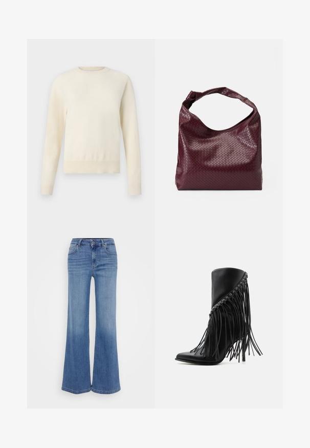 Lys cremefarvet sweater med lange ærmer, rund halsudskæring og ribbenet kant. Lavet af et blødt materiale med en glat tekstur.; Vide benjeans i lyst blå denim med en falmet finish, der har lynlås, fem lommer og en diskret whiskering-detalje.; Sort ankelstøvle med høje hæle, skrå frynser og metaløjer langs den øverste kant, spids tå og stiletthæl.; Burgunderfarvet taske med et tekstureret, vævet mønster, blødt lædermateriale og et enkelt, knyttet håndtag. Rummeligt, hobo-stil design.
