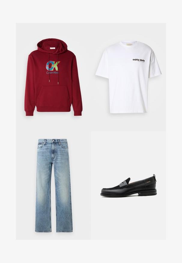 Sweat à capuche en coton bourgogne avec une poche kangourou à l'avant, un cordon de serrage pour la capuche et un logo "OK" coloré avec des accents bleus et verts.; T-shirt en coton blanc à manches courtes, avec un logo en texte noir "Calvin Klein" et une étiquette carrée près de l'encolure. Design simple.; Jean droit en denim bleu clair avec taille haute, cinq poches, fermeture à boutons et léger délavage sur les cuisses et les genoux.; Mocassin en cuir noir avec détail de bride grise, talon bas et semelle texturée, marqué "HUGO" en or sur le côté.