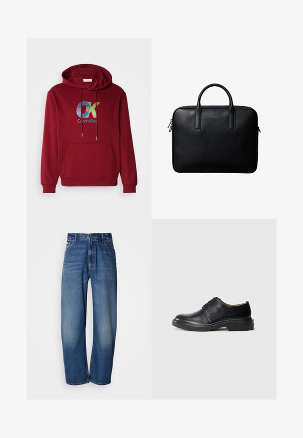 Sweat à capuche en coton bourgogne avec une poche kangourou à l'avant, un cordon de serrage pour la capuche et un logo "OK" coloré avec des accents bleus et verts.; Jean en denim à jambes larges de couleur bleu moyen. Comprend une fermeture éclair, cinq poches et un léger délavage pour un effet usé. Détails de couture classiques.; Chaussure oxford en cuir noir avec un bout rond, un laçage à l'avant et un petit talon empilé, sur fond clair.; Mallette en cuir noir texturé avec double poignées et tirettes de fermeture éclair argentées, centrée sur fond blanc.