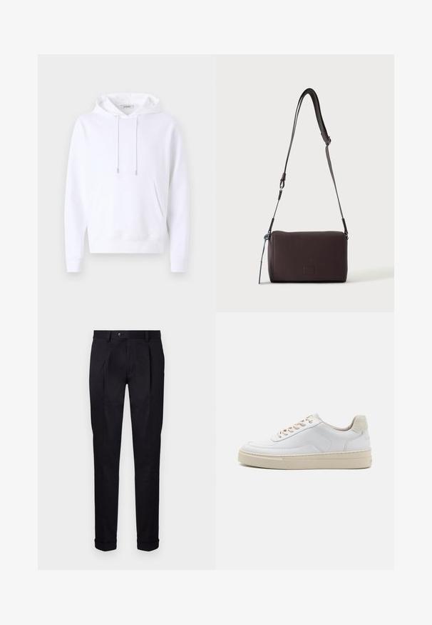 Sudadera blanca con capucha, fabricada en un tejido suave, presenta un bolsillo frontal, puños elásticos y cordones con herrajes plateados.; Pantalones negros a medida fabricados con una tela suave, con un frente liso, dos pliegues frontales y dobladillos con vuelta para un aspecto limpio y estructurado.; Zapatilla blanca con parte superior de cuero suave, cordones beige y un tirador de talón de ante beige texturizado. Suela elevada para mayor altura.; Bolso bandolera de cuero marrón oscuro con textura, correa ajustable y pequeño adorno decorativo azul en el lateral.