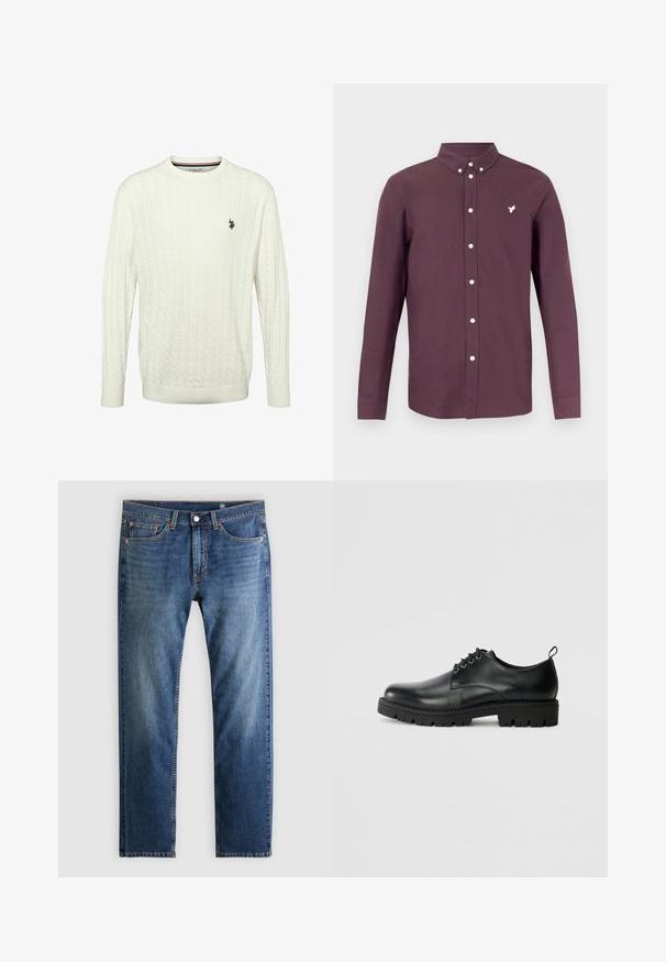 Pull à manches longues en maille torsadée blanche avec col rond et petit logo noir de U.S. Polo Assn. sur la poitrine gauche.; Chemise à manches longues, boutonnée, en tissu bordeaux profond, ornée d'un logo brodé blanc et d'un col boutonné. Texture lisse.; Jean en denim bleu à jambes droites, style cinq poches, fermeture par bouton et fermeture éclair, avec un léger délavage sur les zones avant des cuisses.; Chaussure en cuir noir à bout arrondi, présentant un design à lacets, une semelle en caoutchouc noire robuste et un petit onglet de talon à l'arrière.