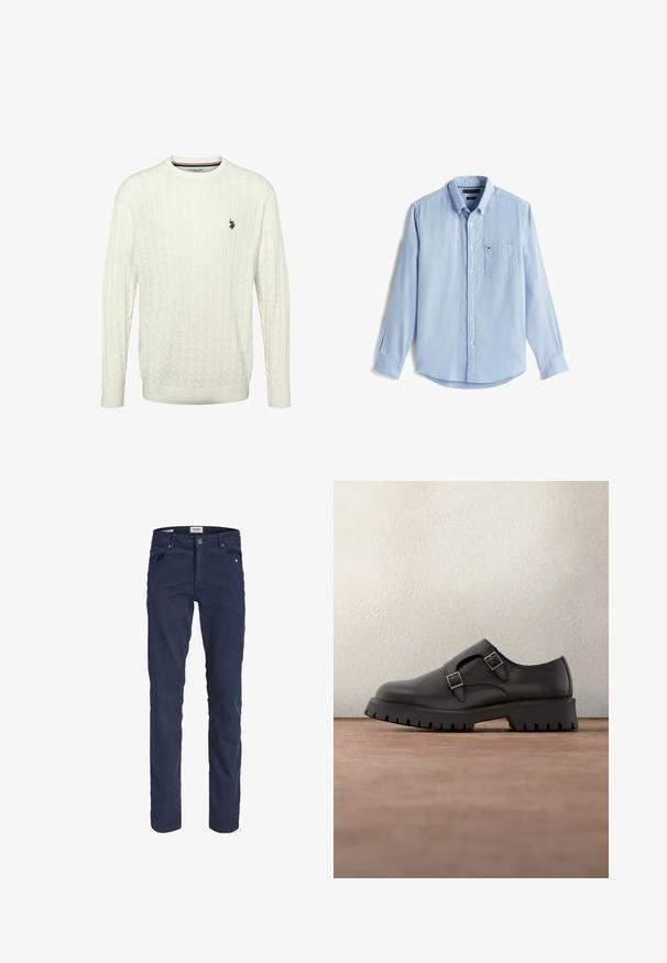 Witte kabelgebreide trui met lange mouwen, een ronde hals en een klein zwart U.S. Polo Assn.-logo op de linkerborst.; Lichtblauw overhemd met lange mouwen van geweven stof, met een button-down kraag, borstzak en een gebogen zoom. Bevat witte knopen en een logo-accent.; Marineblauwe slim-fit herenbroek met vijf zakken, knoopsluiting en riemlussen, afgebeeld tegen een witte achtergrond.; Zwarte leren schoen met dubbele gespsluitingen, ronde neus en een stevige, gestructureerde rubberen zool. Minimalistisch ontwerp met een contrasterende blauwe binnenkant.