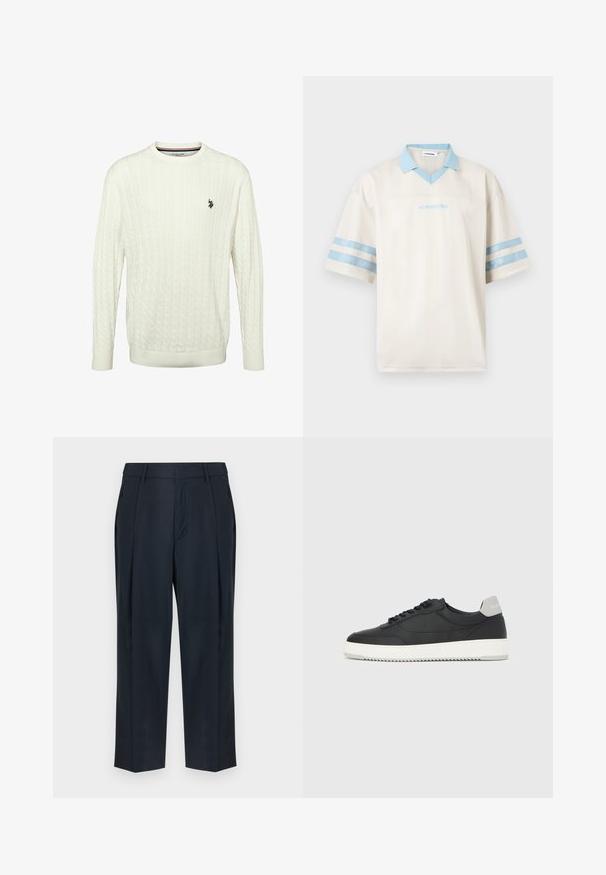 Pull à manches longues en maille torsadée blanche avec col rond et petit logo noir de U.S. Polo Assn. sur la poitrine gauche.; Polo à manches courtes blanc avec col bleu clair, deux rayures bleues sur chaque manche, et texte "J.LINDEBERG" en bleu clair sur le devant.; Pantalon bleu marine sur mesure avec passants de ceinture, plis avant, poches latérales et coupe droite sur fond blanc.; Baskets basses noires avec semelle blanche et languette grise au talon, vue de profil sur un fond blanc uni.