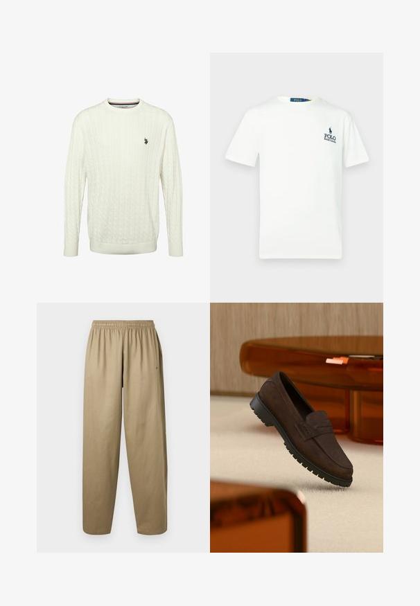 Biely sveter s dlhými rukávmi a vzorom vrkoča, okrúhlym výstrihom a malým čiernym logom U.S. Polo Assn. na ľavej strane hrude.; Biele bavlnené tričko s okrúhlym výstrihom, krátkymi rukávmi a modrým logom "POLO Ralph Lauren" na ľavej hrudi.; Voľné khaki nohavice s elastickým pásom a bočnými vreckami, zobrazené na bielom pozadí.; Tmavohnedá semišová mokasína s hrubou čiernou podrážkou, umiestnená nad béžovým kobercom a blízko priehľadného jantárového nábytku.