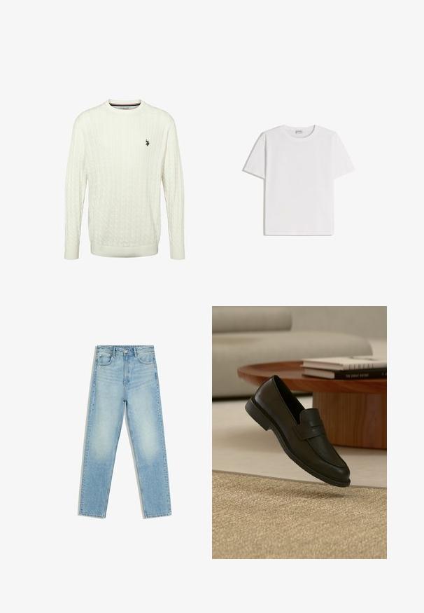 Hvid kabelstrikket langærmet sweater med rund hals og lille sort U.S. Polo Assn.-logo på venstre bryst.; Hvid bomuld T-shirt med rund halsudskæring og korte ærmer. Har en klassisk, firkantet form uden synlige mønstre eller detaljer.; Lyseblå jeans med høj talje, lige ben, for- og baglommer og knaplukning på hvid baggrund.; Sort læderloafer vist i luften over en beige vævet tæppe, med et træbord og stablede bøger i et blødt oplyst stue.