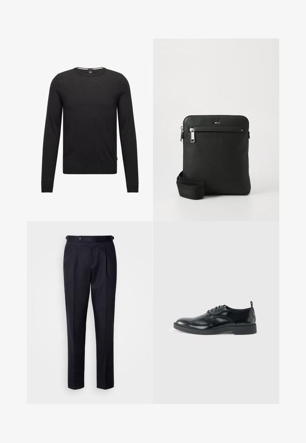 Suéter negro de manga larga hecho de tejido de punto fino. Presenta un cuello redondo y puños y dobladillo acanalados. Diseño minimalista sin patrones.; Pantalones de vestir azul marino confeccionados en tela lisa, con pliegues delanteros, piernas rectas y cinturilla con cierre de botón.; Zapato de vestir negro de cuero brillante con tacón bajo, cierre de cordones y puntera redonda, mostrado de lado sobre un fondo claro y liso.; Bolso bandolera de cuero negro con diseño plano, superficie texturizada, cierre con cremallera, bolsillo frontal y una correa de tela ajustable.