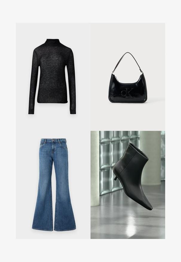 Haut à col roulé noir à manches longues en tissu transparent, orné de points argentés éparpillés, présentant une silhouette ajustée.; Jean en denim évasé à lavage bleu moyen avec un design classique à cinq poches, passants de ceinture et fermeture à bouton. Texture lisse avec un léger délavage.; Bottine en cuir noir à bout pointu et petit talon kitten, présentée en angle devant un sol poli et un mur en blocs de verre.; Sac à main en cuir verni noir avec une anse incurvée, fermeture éclair et logo "cK" embossé sur le devant. Texture lisse, forme structurée.