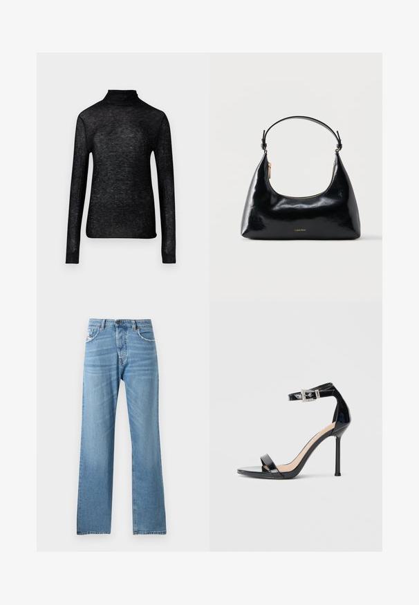 Schwarzes Langarm-Turtleneck-Oberteil aus transparenter Stoff, verziert mit verstreuten silbernen Punkten, das eine enganliegende Silhouette präsentiert.; Hellblaue Denim-Jeans mit geradem Bein-Design, featuring eine normale Taille, fünf Taschen und subtilem Verblassen des Stoffes.; Schwarzer Riemchensandale aus Lackleder mit hohem Absatz und Knöchelriemen. Verfügt über ein minimalistisches Design, offene Zehenpartie und eine Schnalle mit Strassakzenten.; Schwarze, glänzende Calvin Klein Handtasche mit goldfarbenem Reißverschluss und kurzem Trageriemen vor schlichtem weißem Hintergrund.