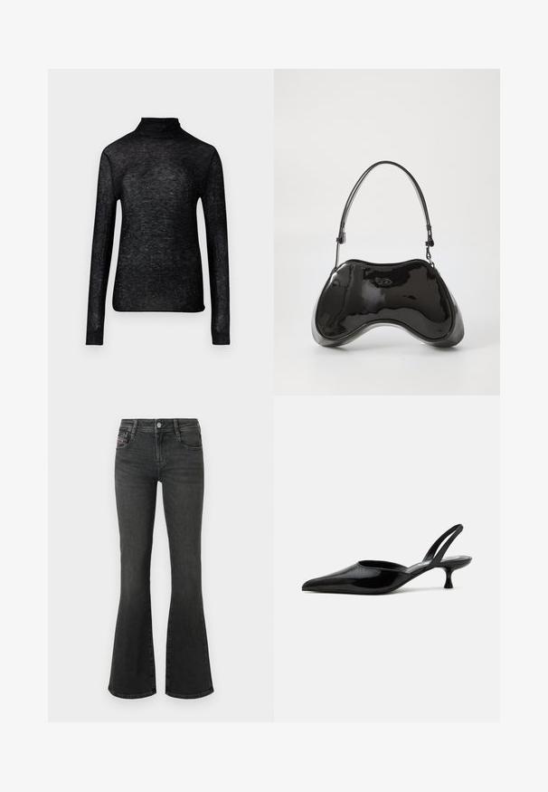 Haut à col roulé noir à manches longues en tissu transparent, orné de points argentés éparpillés, présentant une silhouette ajustée.; Jean en denim noir à coupe évasée, avec une taille mi-haute, un design à cinq poches et des détails de couture sur les poches. Texture lisse avec un léger éclat.; Chaussure slingback à talon kitten en cuir verni noir avec bout pointu et talon bas incurvé sur fond clair uni.; Sac à main en cuir verni noir avec une forme incurvée unique, une anse courte et ajustable, et une fermeture zippée. Texture lisse avec un branding discret.