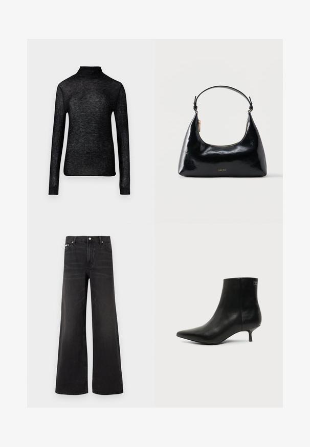 Haut à col roulé noir à manches longues en tissu transparent, orné de points argentés éparpillés, présentant une silhouette ajustée.; Jean en denim noir à jambes larges avec fermeture avant par bouton et zip, passants pour ceinture, et style cinq poches.; Bottine en cuir noir avec bout pointu et petit talon kitten sur fond clair, vue côté extérieur.; Sac à main Calvin Klein noir brillant avec fermeture éclair dorée et anse courte sur fond blanc uni.