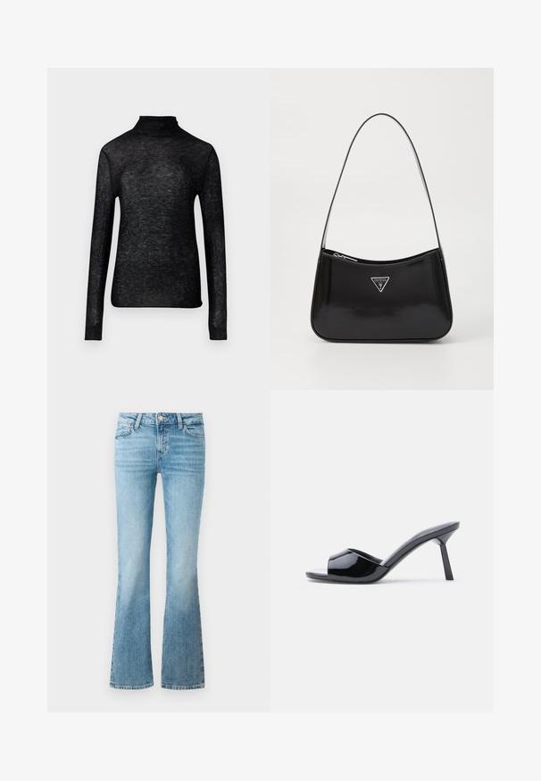 Sort langærmet turtleneck-top lavet af gennemsigtigt stof, prydet med spredte sølvprikker, der præsenterer en tætsiddende silhuet.; Lysblå denimflaredragt med frontlommer, bæltesløjfer og knaplukning.; Sorte laklæder sandaletter med åben tå, der har et buet overdesign og en spids stilethæl. Glat, blank finish.; Sort patenteret læder skuldertaske med en buet form, prydet med et sølvfarvet trekantet logo og en lynlås-lukning. Glat tekstur og slank rem.