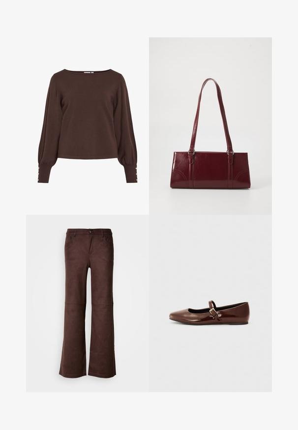 Pull marron tricoté avec un col bateau, de longues manches bouffantes et des détails à boutons aux poignets. Caractérisé par une coupe décontractée et une texture lisse.; Pantalons évasés marron en tissu doux semblable à du daim. Comprend quatre poches, une fermeture à bouton et une surface lisse et texturée.; Ballerine en cuir verni marron avec un bout carré et une lanière ornée d'une petite boucle dorée. Texture lisse, talon bas et design minimaliste.; Sac à main bordeaux en matériau brillant, de forme rectangulaire, avec deux anses et des accents légèrement courbés à l'avant.