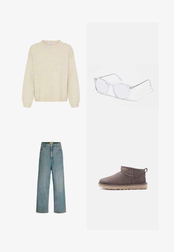 Licht beige sweater van zachte gebreide stof, met een ronde hals, verlaagde schouders en geribde rand en manchetten. Geen patronen of accenten.; Lichtblauwe, hooggesneden wijderechte jeans met knoopsluiting aan de voorkant, riemlussen en klassiek ontwerp met vijf zakken.; Lage, bruin suède instapschoen met een textuurrijke zool en trekkoord op een effen achtergrond.; heldere rond-frame brillen met transparante kunststof lenzen en zilveren metalen armen. Minimalistisch ontwerp met subtiele details bij de scharnier.