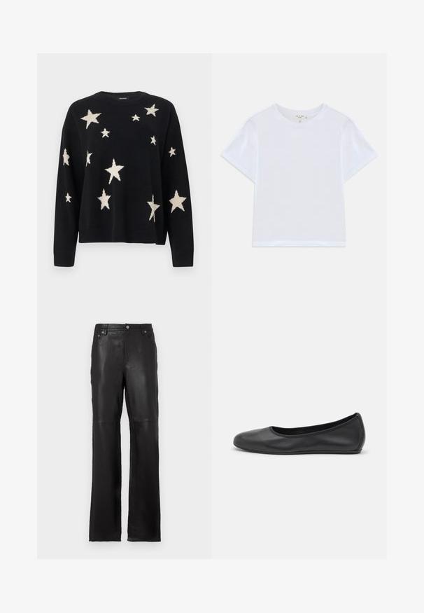 Pull noir à manches longues avec des motifs d'étoiles blanches de tailles variées dispersés sur le devant, les manches et les épaules.; T-shirt blanc court en coton doux, avec un col rond et des manches courtes, d'ajustement légèrement décontracté. Pas de motifs ni d'accents.; Pantalons en cuir noir au design droit, avec poches avant et accents de boutons métalliques. Texture lisse avec des coutures propres.; Ballerines en cuir noir avec un bout rond, texture lisse, détails de couture minimalistes et design de semelle flexible.