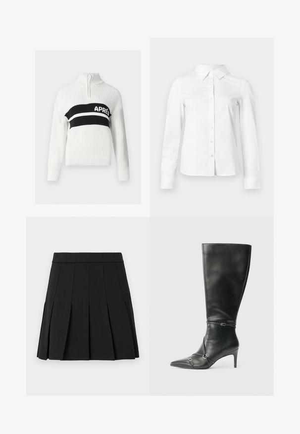 Pull en tricot blanc avec un col montant, comportant une bande horizontale noire avec le texte "APRES" en blanc, et des poignets et un bas côtelés.; Chemise blanche à manches longues avec boutons, col pointu, ourlet droit et silhouette ajustée, présentée sur un fond clair uni.; Jupe plissée noire en tissu lisse. Elle présente une large ceinture et plusieurs plis aiguille verticaux.; Bottes noires en cuir montant jusqu'au genou, avec un talon fin, un bout pointu et des détails de lanière à la cheville. Texture lisse et design ajusté.
