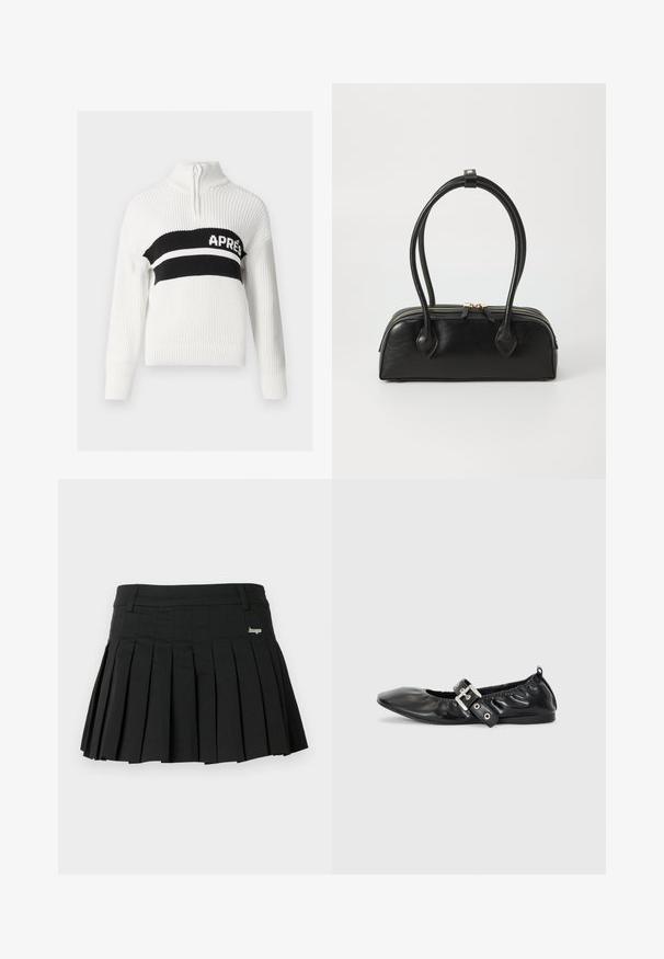 Pull en tricot blanc avec un col montant, comportant une bande horizontale noire avec le texte "APRES" en blanc, et des poignets et un bas côtelés.; Jupe plissée noire en tissu léger, dotée d'une ceinture plate et d'un petit logo métallique sur le côté gauche avant.; Chaussure plate en cuir noir avec un nez pointu, des détails froncés autour de l'ouverture et un accent en boucle argentée sur la bride ajustable.; Sac à main en cuir noir avec deux anses allongées, fermeture éclair et forme arrondie ; texture lisse avec une finition légèrement brillante.