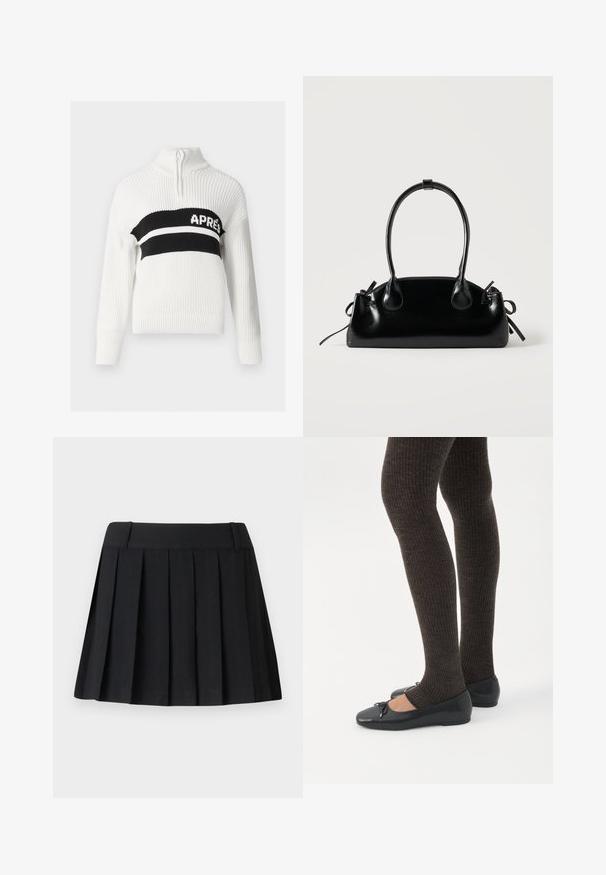 Pull en tricot blanc avec un col montant, comportant une bande horizontale noire avec le texte "APRES" en blanc, et des poignets et un bas côtelés.; Jupe plissée noire avec une taille sur mesure, fabriquée à partir d'un tissu léger. Présente des plis régulièrement espacés et un design simple et épuré.; Jambes portant des leggings côtelés foncés associés à des ballerines noires avec de petits détails en nœud sur fond blanc.; Petit sac à main noir brillant avec deux longues anses et des détails à cordon sur les côtés sur un fond clair uni.