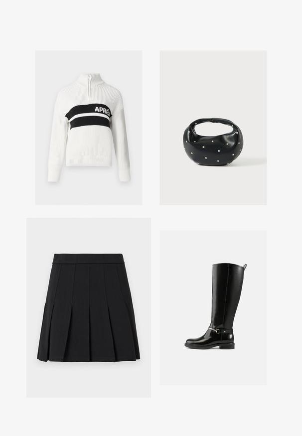 Pull en tricot blanc avec un col montant, comportant une bande horizontale noire avec le texte "APRES" en blanc, et des poignets et un bas côtelés.; Jupe plissée noire en tissu lisse. Elle présente une large ceinture et plusieurs plis aiguille verticaux.; Bottes noires montantes en cuir verni, avec un détail de boucle argentée à la cheville et une conception à bout arrondi. Semelle plate.; Sac à main en cuir noir de forme arrondie, décoré de clous argentés et équipé d'une poignée courte. Texture lisse et fermeture éclair.