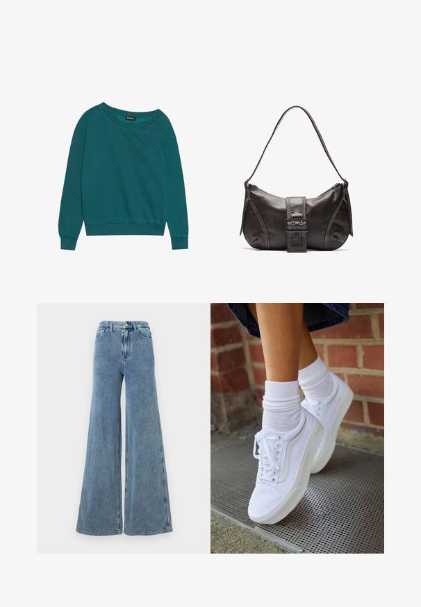 Türkisfarbener Pullover mit weitem Halsausschnitt, langen Ärmeln und gerippten Bündchen. Hergestellt aus weichem Stoff mit lockerer Passform. Leichte Textur, keine Muster.; Good American JEANIUS GOOD SKATE - Jeans Relaxed Fit - indigo; Weiße Leinensneaker mit Gummisohlen, ausgestattet mit sechs Ösen, runder Zehenpartie und dezenten Nähten, kombiniert mit weißen Knöchelsocken.; Braune Lederumhängetasche mit gebogener Form, die mit einem auffälligen Schnallendetail, kontrastierenden Nähten und einem einzigen Schulterriemen ausgestattet ist.