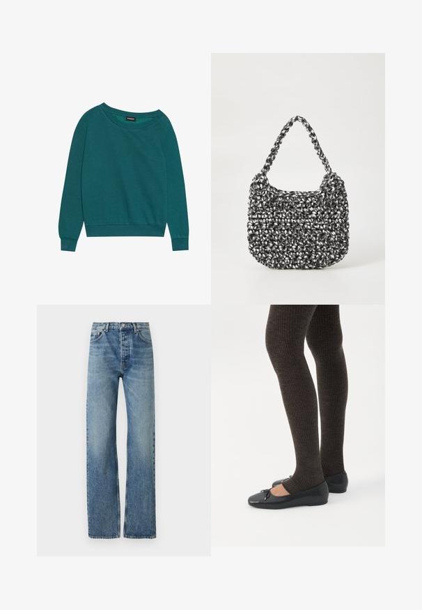 Teal sweatshirt met een ruime halslijn, lange mouwen en geribbelde manchetten. Gemaakt van zachte stof met een relaxte pasvorm. Lichte textuur, geen patronen.; Lichtblauwe, high-waisted jeans met een recht gesneden ontwerp, gemaakt van denimstof. Voorzien van klassieke vijf-pocket styling en zilveren hardware.; Benen met donkere geribbelde leggings gecombineerd met zwarte ballerina's met kleine strikdetails op een witte achtergrond.; Geweven handtas in zwart en wit met een ronde vorm, gestructureerd oppervlak en een gevlochten handvat. Geschikt voor dagelijks gebruik.