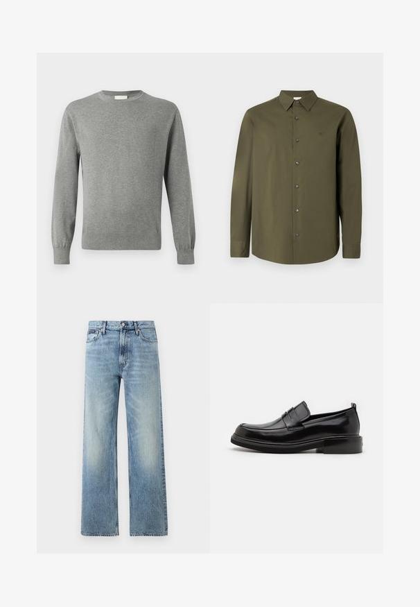 Calvin Klein Πουλόβερ - medium grey; Πουκάμισο μακρυμάνικο σε σκούρο πράσινο ελιάς με μυτερό γιακά, μαύρα κουμπιά και διακριτικό λογότυπο στο στήθος. Ομαλή, μονόχρωμη υφή υφάσματος.; Ανοιχτό μπλε τζιν παντελόνι με ίσια γραμμή και ψηλή μέση, πέντε τσέπες, κούμπωμα με κουμπί και διακριτικό ξεθώριασμα στους μηρούς και τα γόνατα.; Calvin Klein MOCCASIN - Έξυπνα slip-on παπούτσια - black