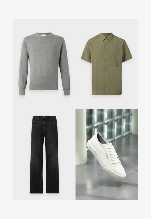 Calvin Klein Jersey de punto - medium grey; Camisa corta de manga corta color verde oliva con cuello puntiagudo y un bolsillo en el pecho sobre fondo blanco.; Jeans negros de pierna recta con diseño de cinco bolsillos, presillas para cinturón y cierre de botón, mostrados sobre un fondo blanco.; Zapatilla baja blanca de Calvin Klein con cordones, flotando sobre un suelo gris pulido y un fondo de pared de bloques de vidrio.