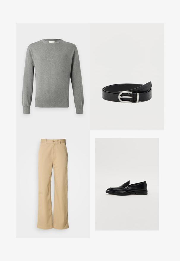 Calvin Klein Jersey de punto - medium grey; Pantalones beige de pierna ancha, hechos de una mezcla de algodón. Presentan un cierre de botón y trabillas para cinturón. Textura suave, con detalles de costura mínimos.; Mocasín de cuero negro con puntera redondeada, costuras sutiles y un acabado suave. Presenta un tacón bajo apilado y una correa sobre el empeine.; Cinturón de cuero sintético negro con textura de cocodrilo y hebilla redonda plateada, enrollado sobre un fondo blanco liso.