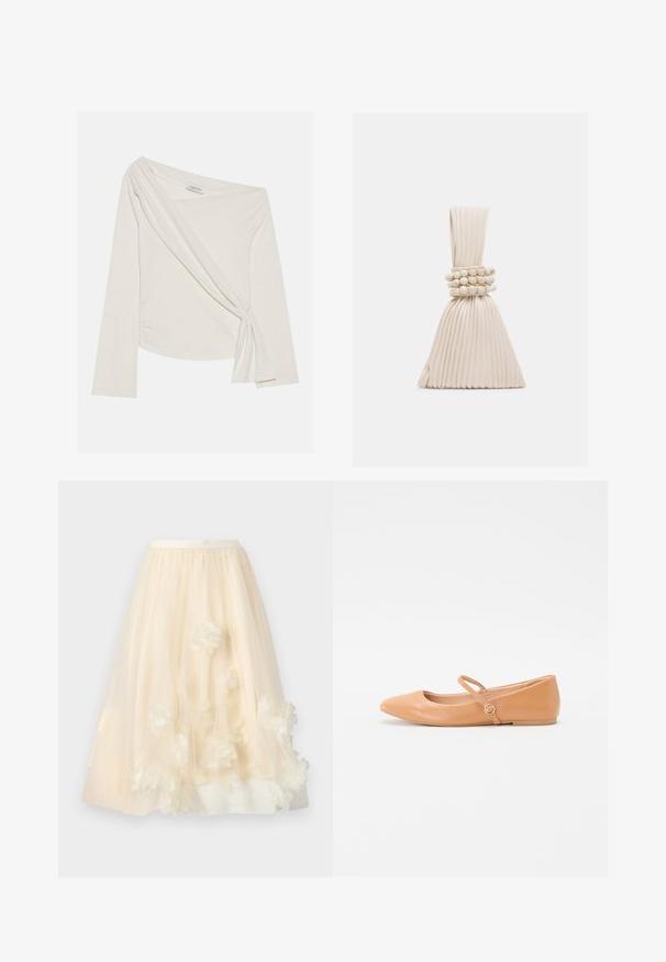 Langærmet, off-shoulder top i et blødt, cremefarvet stof. Har et tvistet frontdetalje og sidelæg for en tætsiddende silhuet.; Lang cremefarvet tylskørt med inderfor og 3D blomsterapplikationer spredt nær kanten.; Nude læder balletklip med spids tå, udvendig rem og rund hardwaredetalje. Glat tekstur og minimalistisk design.; Lille plisseret beige håndtaske med et knyttet håndtag og tre runde perlearmbånd viklet omkring midten.