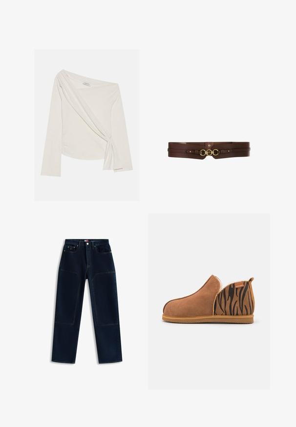 Langærmet, off-shoulder top i et blødt, cremefarvet stof. Har et tvistet frontdetalje og sidelæg for en tætsiddende silhuet.; Mørkeblå jeans med lige ben, forstærkede knælapper, forreste knap og lynlås samt flere lommer inklusive en lille møntlomme.; Tan ruskinds slippers med et faux fur-for og et kontrastfyldt sort tigermønster på den ene side; tan gummisål for godt greb.; Brunt læderbælte med et bredt design, der har to cirkulære spænder i guldfarve i midten og dekorative syninger langs kanterne.