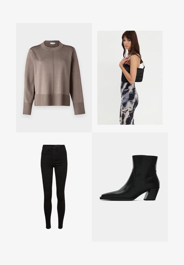 Pull en tricot marron avec un col montant, des poignets et un ourlet côtelés, et une texture lisse. Présente une couture au centre devant pour un détail supplémentaire.; Jean skinny en denim noir avec une taille haute, design à cinq poches, passants de ceinture et détails de couture subtils. Texture lisse, forme ajustée.; Bottine en cuir noir avec un bout pointu, une silhouette élégante et un talon carré massif. Texture lisse avec des détails de couture minimalistes.; Sac à épaule noir en matelassé avec une seule sangle et des accessoires en argent, associé à une robe ajustée à motif tie-dye dans des teintes de noir et de crème.