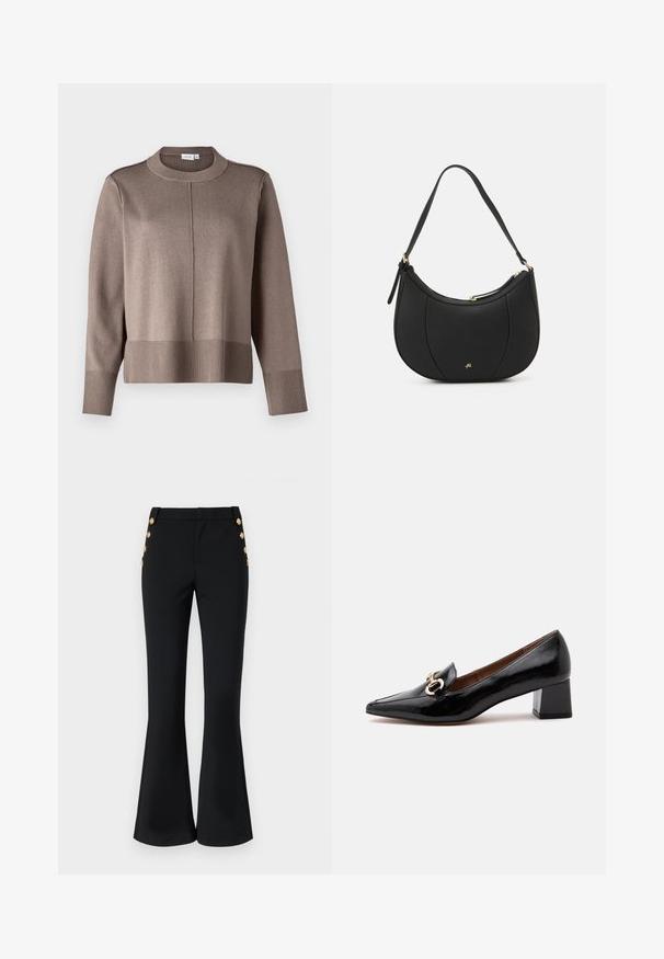 Pull en tricot marron avec un col montant, des poignets et un ourlet côtelés, et une texture lisse. Présente une couture au centre devant pour un détail supplémentaire.; Pantalons évasés noirs en tissu extensible, avec une taille plate, des poches latérales et des boutons décoratifs en or le long des hanches.; Mocassin en cuir verni noir à petit talon bloc, détail chaîne dorée sur le dessus, bout pointu et doublure intérieure marron.; Sac à main en cuir noir avec une forme courbée, surface texturée, coutures avant et un logo doré. Il est doté d'une seule sangle ajustable.