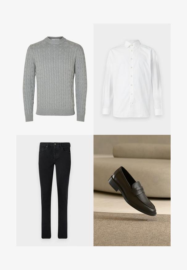 Pull en tricot gris clair avec un motif torsadé, col rond et poignets et ourlet côtelés. Confectionné en tissu doux et texturé.; Chemise blanche à manches longues avec boutons, col à l'italienne et poignets boutonnés, présentée sur un fond blanc uni.; Jean en denim foncé avec une coupe slim, conception à cinq poches et fermeture à bouton en métal. Texture lisse et couleur uniforme.; Chaussure loafer en cuir noir reposant sur un tapis beige avec un canapé beige courbé en arrière-plan.
