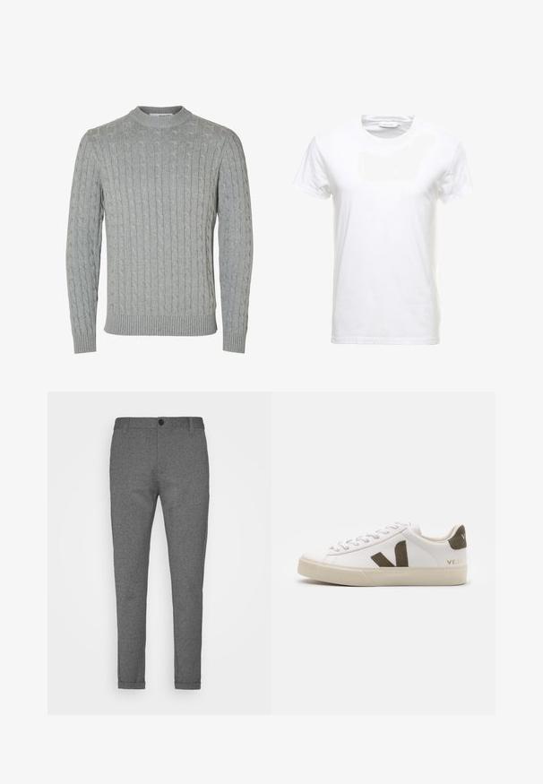 Suéter de punto gris claro con diseño de cable, cuello redondo y puños y dobladillo acanalados. Hecho de tela suave y texturizada.; Camiseta de algodón blanca con mangas cortas, diseño de cuello redondo y textura suave. Etiqueta visible en el cuello. Estilo simple y clásico.; Pantalones grises de corte slim fit con una textura suave, que presentan un cierre frontal con un único botón y puños doblados. Fabricados con una suave mezcla de tejidos.; Zapatillas de cuero blanco con una suela de goma beige claro. Presenta un logo en forma de V de gamuza marrón y una pestaña en el talón. Cierre con cordones y superficie texturizada.